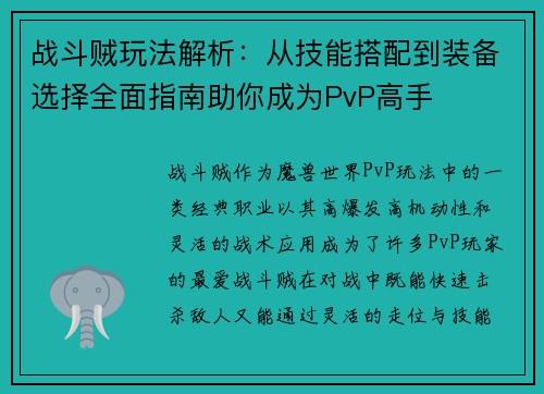 战斗贼玩法解析：从技能搭配到装备选择全面指南助你成为PvP高手